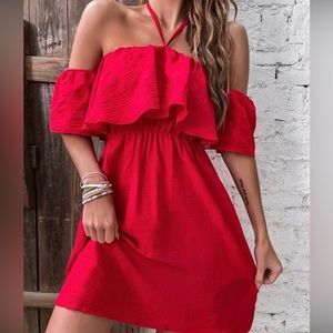 Red ruffle dress tie back, off shoulder, size small